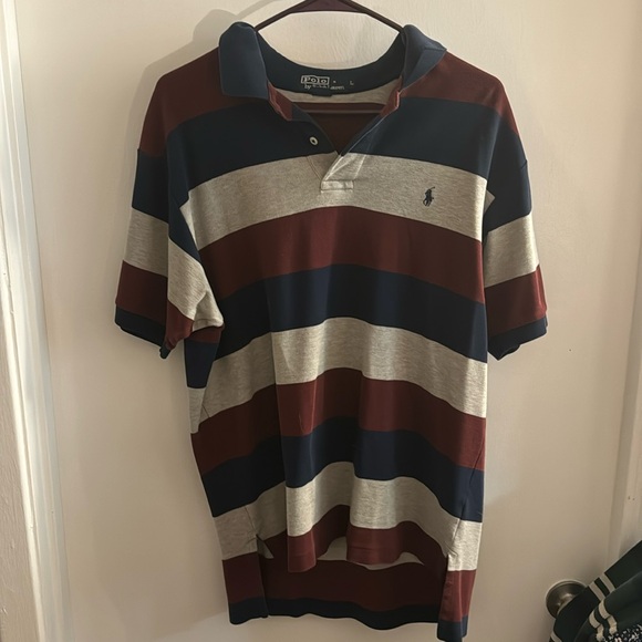 Polo Ralph Lauren Collared Shirt - Short Sleeve - Navy Maroon Gray Striped - L - Picture 1 of 4